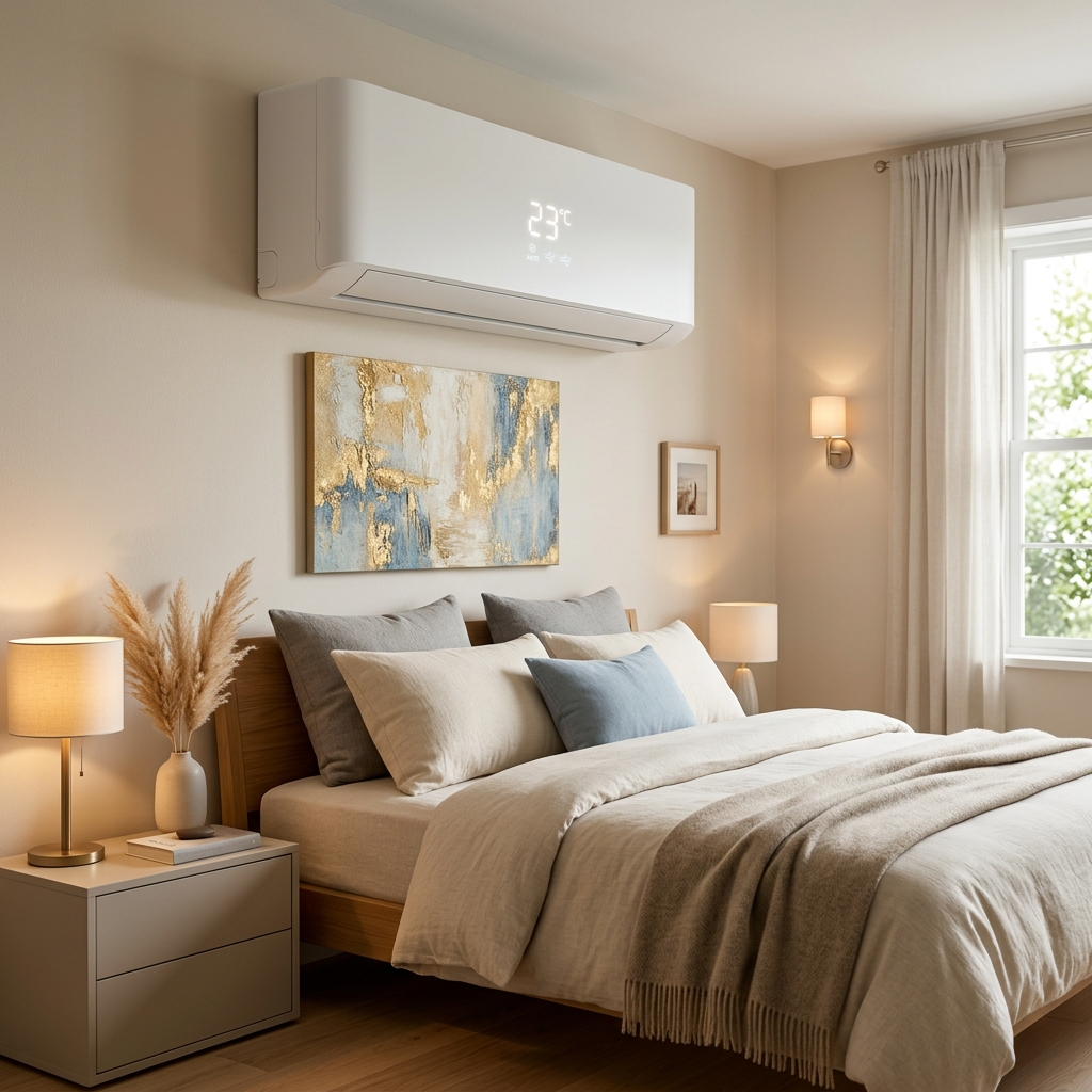 Sleek split air conditioner operating silently in a modern home.