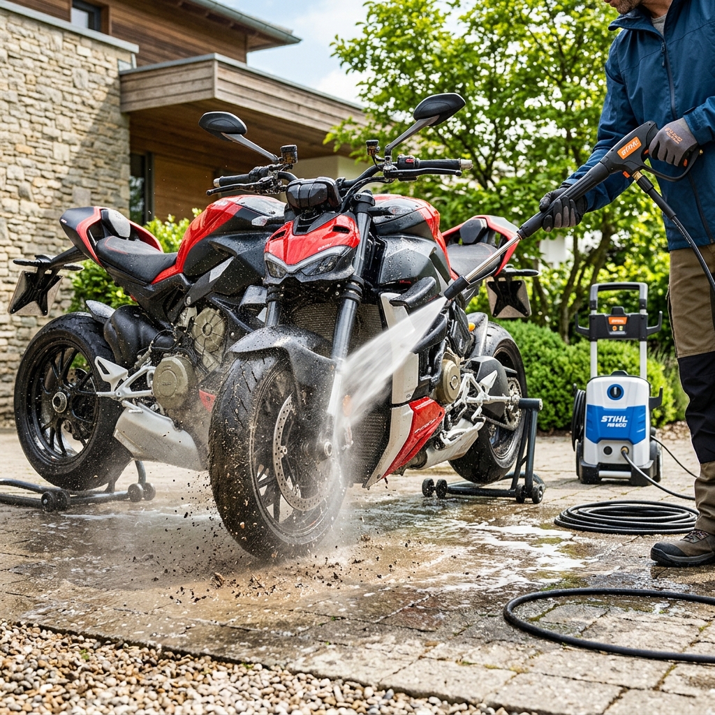 Premium high pressure car washer machine cleaning a vehicle on a home driveway.