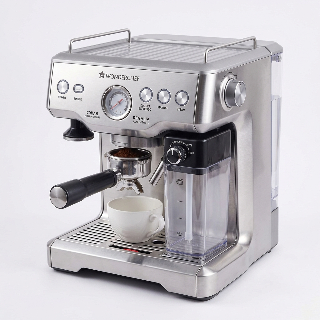 Wonderchef Regalia Automatic Espresso Machine, 20-bar with Auto-Frother, Make Espressos, Cappuccinos & Lattes at Home, With Milk Container & Steamer, Metal Porta Filter, Auto-clean, 2-Yr Warranty
